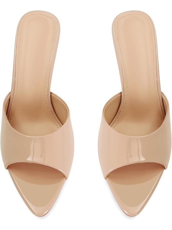 Women\'s Nude Leather Pointed Open Toe Mule High Heels Slingback Slip On Sandals